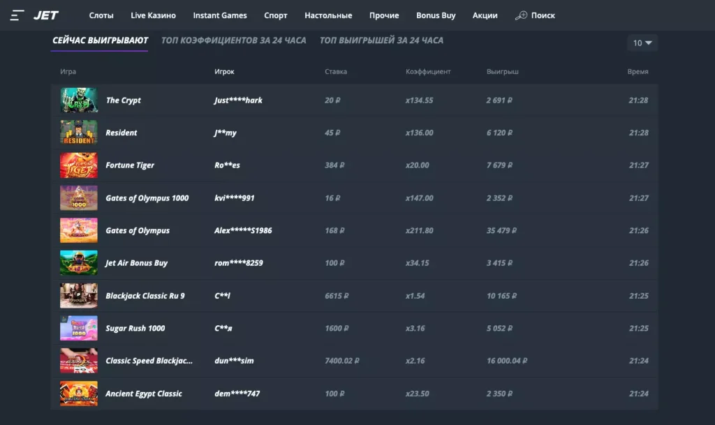 Крупные выигрыши на официальном сайте Джет